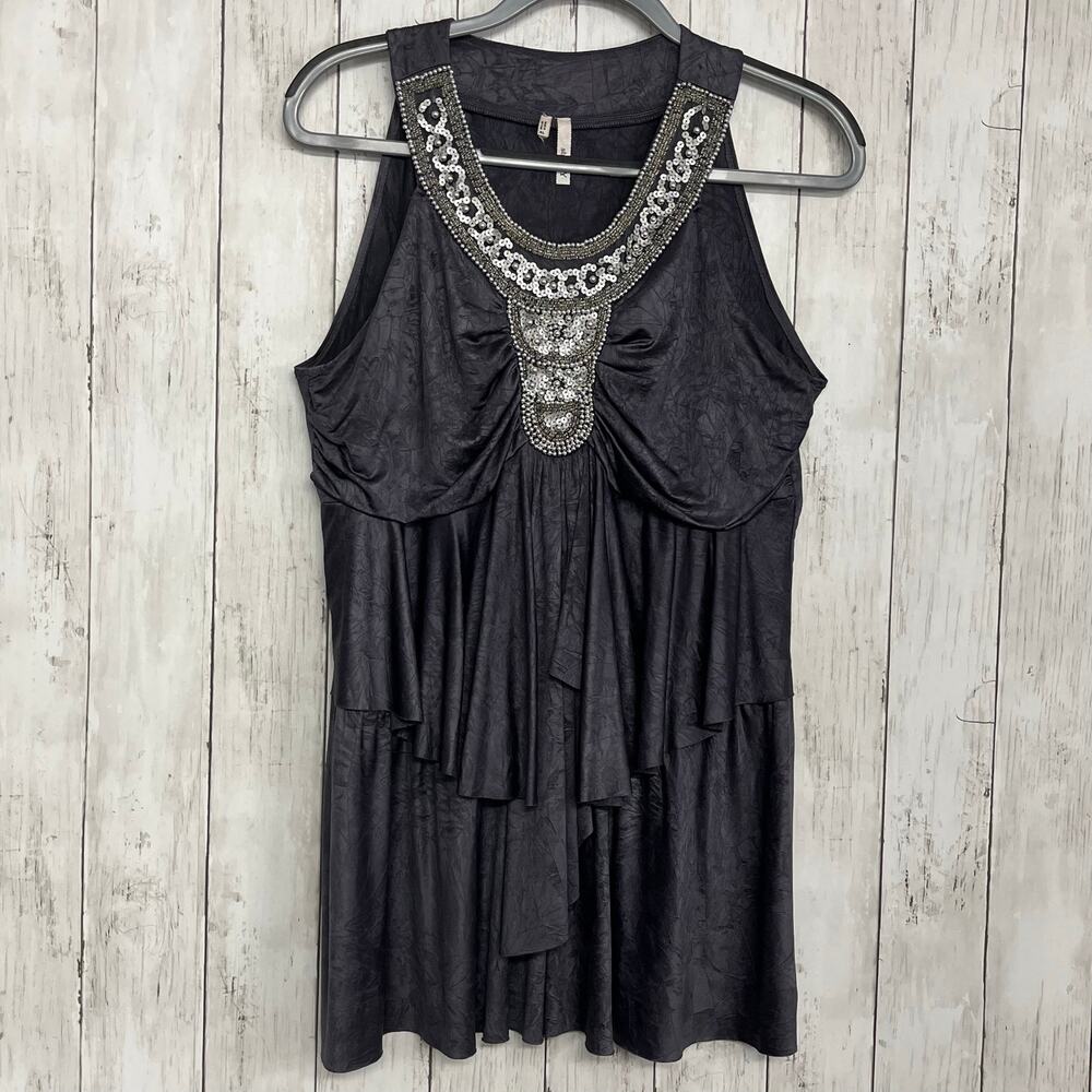Studio Y Gray Sleeveless Tunic Beaded Sequin Top XL Y2K Clubwear Slinky Longline